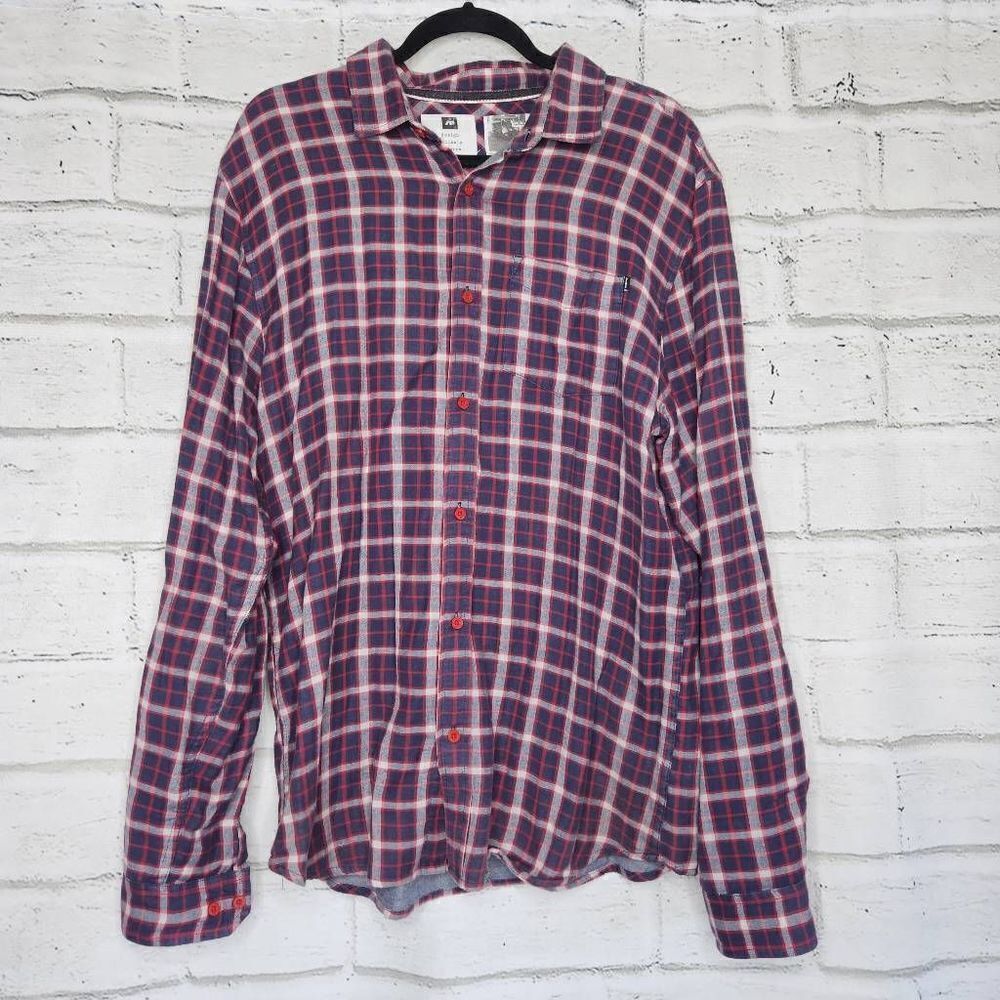 Analog Burton Blue Red Long Sleeve 100% Cotton Button Down Collared Shirt Plaid